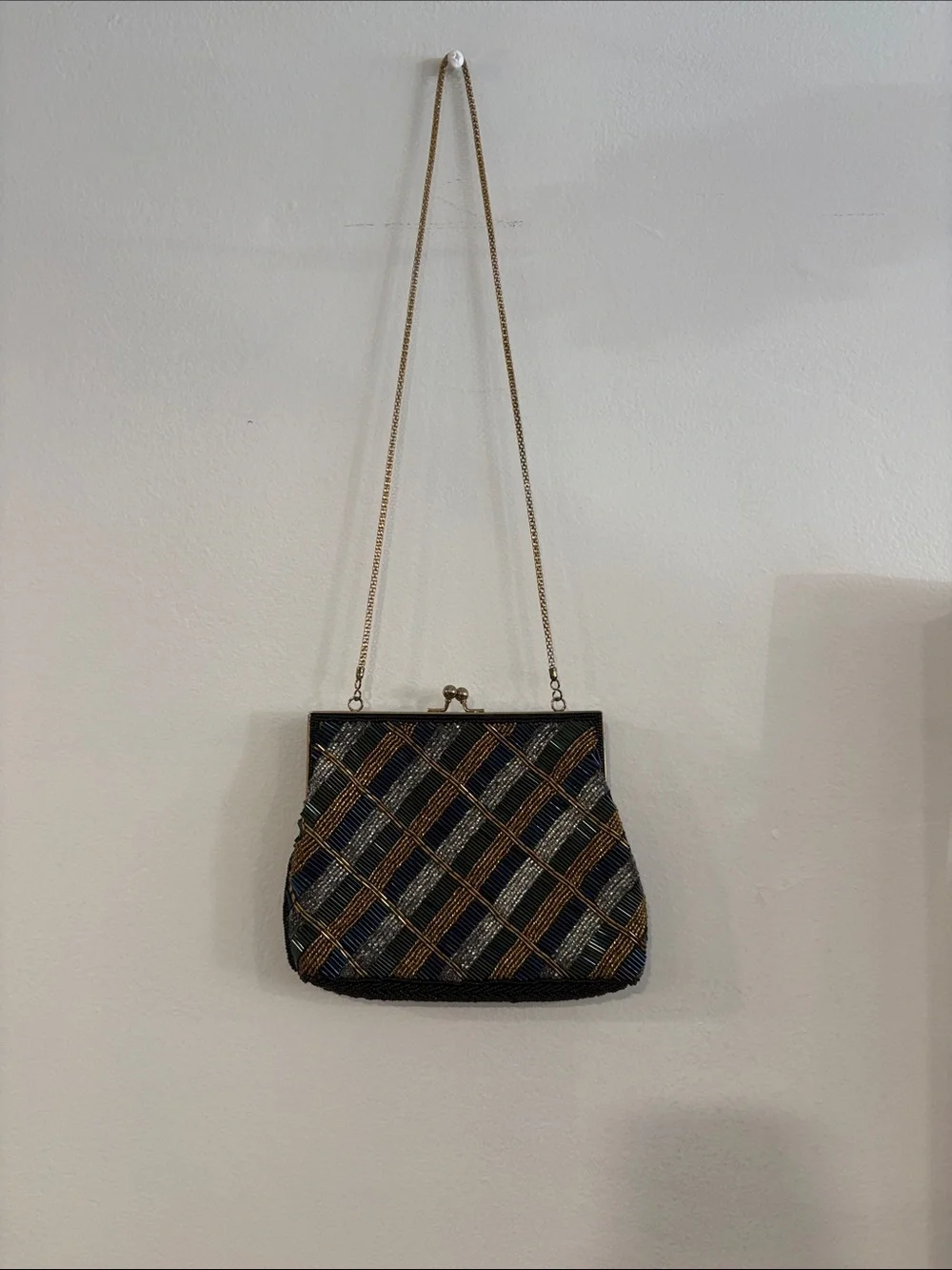Vintage Beaded Plaid Evening Crossbody Bag in Black and Gold
